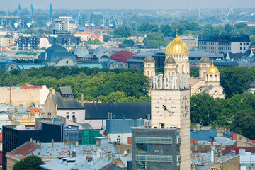 Wall Mural - Aerial view of the Clock Tower and the Orthodox Cathedral of the Nativity of Christ in Riga, Latvia