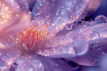 Poster - A detailed close-up of a flower with glistening water droplets. Perfect for adding a touch of nature and freshness to any project
