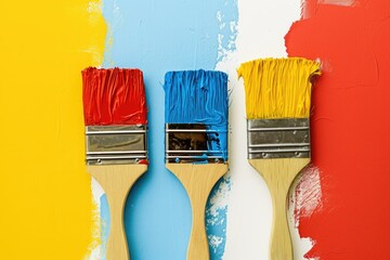 Poster - A picture featuring three paintbrushes, each with red, yellow, and blue paint on them. This versatile image can be used for various art-related projects