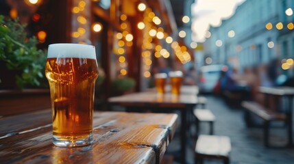 Poster - A glass of beer sitting on top of a wooden table. Perfect for bar or restaurant promotions