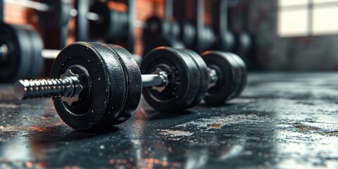 Poster - Dumbbells placed on a gym floor. Ideal for fitness and workout concepts