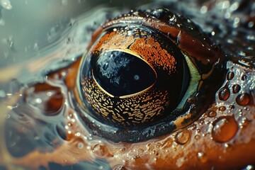 Aufkleber - A close up view of a frog's eye in water. Can be used to illustrate the intricate details of nature or as a visual representation of aquatic life