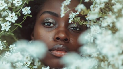 Aufkleber - A woman with blue eyes amidst a beautiful display of white flowers. Perfect for floral themes and natural beauty concepts