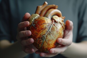 Poster - A person holding a human heart in their hands. This image can be used to depict medical concepts, organ donation, surgery, or the study of anatomy