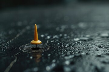 Poster - A yellow cone sitting on top of a wet surface. Perfect for illustrating caution or safety in a wet environment