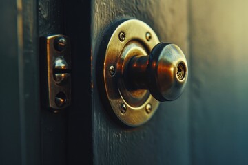 Poster - A close-up view of a door handle on a wooden door. This image can be used to showcase craftsmanship, interior design, or home improvement projects