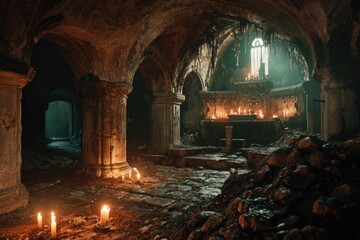 Aufkleber - A picture of a dimly lit church with candles. This image can be used to depict a peaceful and serene atmosphere