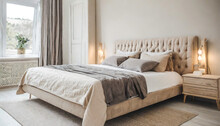 Pastel Beige And Grey Bedding On Bed. Minimalist, French Country Interior Design Of Modern Bedroom.