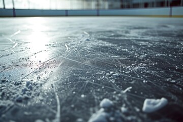 Wall Mural - A close-up view of a hockey rink covered in ice. This image can be used to depict a winter sport or to illustrate a sports arena