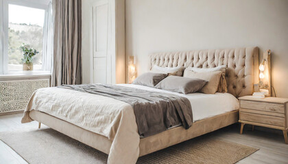 Pastel beige and grey bedding on bed. Minimalist, french country interior design of modern bedroom.