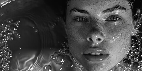 Poster - A close-up view of a woman's face with prominent freckles. This image can be used to showcase natural beauty and diversity