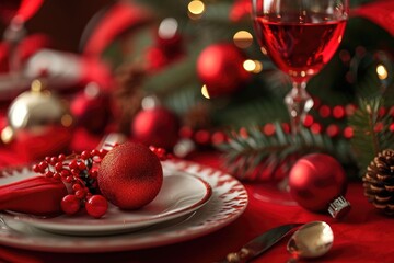 Poster - A picture of a table set for a festive occasion, featuring a red table cloth and Christmas decorations. Perfect for holiday gatherings and celebrations