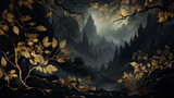 Fototapeta Fototapeta las, drzewa - dark forest with trees with golden leaves and dark clouds