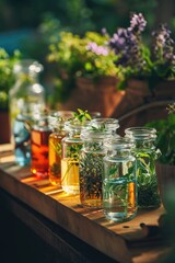 Poster - A row of jars filled with various types of herbs. Perfect for adding a touch of flavor and freshness to any dish or for herbal remedies.