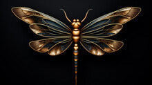 Gold Dragonfly With Wings On Black Background 