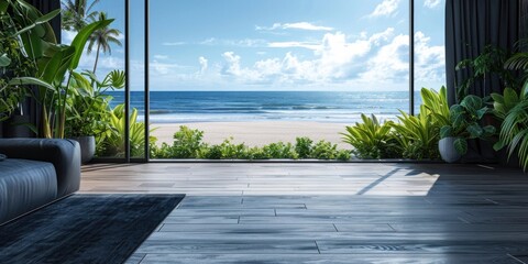 Poster - A cozy living room with a breathtaking view of the ocean. Perfect for relaxing and enjoying the beauty of nature. Ideal for travel brochures, vacation websites, or real estate listings