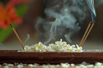 Aufkleber - Incense sticks with flowers in the background. Perfect for creating a relaxing atmosphere or for use in spiritual and meditation practices