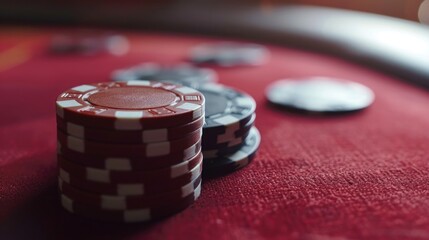 Poster - A pile of poker chips sitting on top of a red table. Suitable for casino-themed designs and gambling concepts