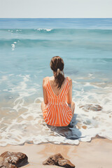 Wall Mural - watercolor illustration of beautiful woman relaxing on the beach