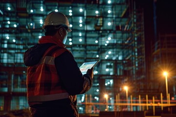 Wall Mural - A man wearing a hard hat is using a tablet computer. This image can be used to represent technology in the construction industry