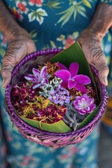 Poster - A person holding a basket filled with beautiful flowers. Perfect for floral arrangements or gifting ideas