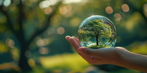 Aufkleber - A person is holding a glass ball with a small tree inside. This unique and beautiful image can be used in various design projects