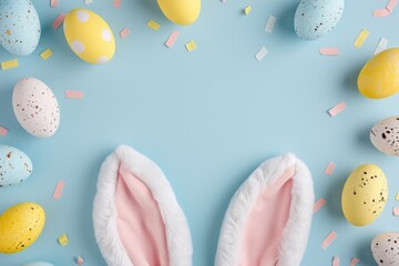 Sticker - Colorful Easter eggs and bunny ears arranged in an overhead view. Perfect for Easter-themed designs and spring celebrations