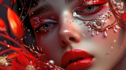 Wall Mural - A close-up shot of a woman with vibrant red makeup. Perfect for beauty or fashion projects