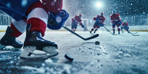 Wall Mural - A group of people engaged in a game of ice hockey. Suitable for sports-related content and illustrations