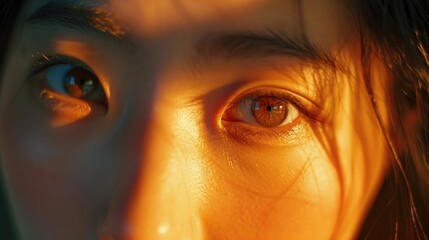 Poster - A close-up view of a person's eye with a bright light shining on it. This image can be used to represent concepts such as curiosity, enlightenment, or insight