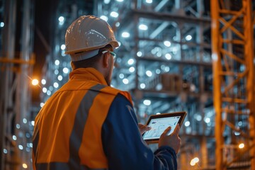 Poster - A man wearing a hard hat using a cell phone. This image can be used to illustrate construction work, workplace safety, or communication in a professional setting