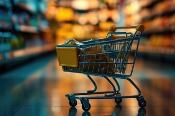 Poster - A small shopping cart sitting in a store aisle. Suitable for retail, shopping, and consumerism concepts
