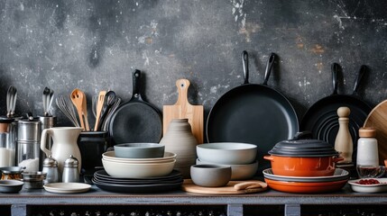 Poster - A collection of dishes and pans arranged on a table. Suitable for kitchen-related designs and cooking themes