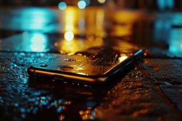 Aufkleber - A cell phone sitting on a wet surface, suitable for illustrating water damage or a dropped phone.