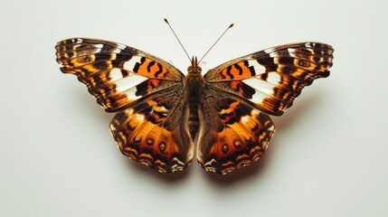 Poster - A brown and white butterfly resting on a white surface. Suitable for nature-themed designs and educational materials