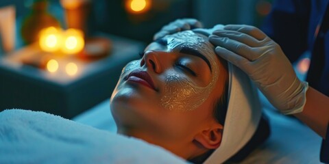Poster - Woman getting a facial mask treatment at a spa. Ideal for promoting relaxation and skincare services