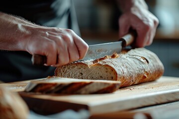 Poster - Person cutting a loaf of bread on a cutting board. Ideal for food preparation and cooking concepts