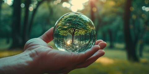 Aufkleber - A person is holding a glass ball with a tree inside. This unique and captivating image can be used for various purposes