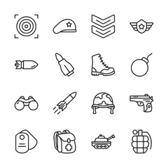 set of army, tank, helmet, weapon, icon for web app simple line design