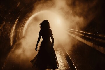 Sticker - A woman in a long dress walking through a tunnel. Suitable for various uses