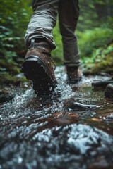 Poster - A person is depicted walking across a stream in a serene wooded area. This image can be used to showcase nature, outdoor activities, or tranquility