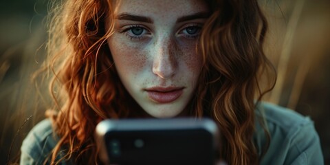 Poster - A close up view of a person's hand holding a cell phone. Can be used to illustrate technology, communication, or social media concepts