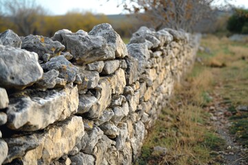 Poster - A stone wall standing alone in the middle of a field. Can be used to depict rustic landscapes or as a symbol of resilience and strength