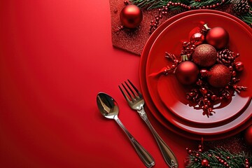 Aufkleber - A red plate topped with Christmas ornaments, accompanied by a fork and knife. Perfect for holiday table settings and festive dining