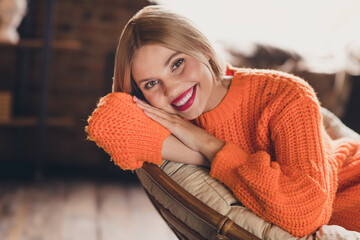 Wall Mural - Photo of pretty positive lady beaming smile good mood sit armchair spend free time morning apartment inside