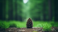 Solitary Pine Cone In Sharp Focus On Forest Floor Surrounded By Soft Ferns, With A Dreamy Bokeh Light Effect