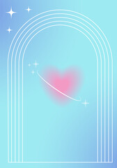 Wall Mural - Blue gradient poster with linear frame blurred heart in y2k style. Aesthetic retro web banner for valentines day