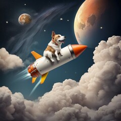 Poster - background illustration of a dog flying to the moon using a rocket