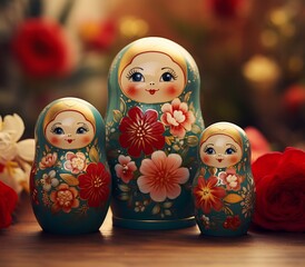 A set of three nested  traditional Russian Matryoshka dolls with floral patterns, presented on a wooden table, against a blurred floral backdrop