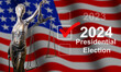 Presidential Election 2024 text on a mini chalkboard over a vintage background with part of the American Flag. Top view.